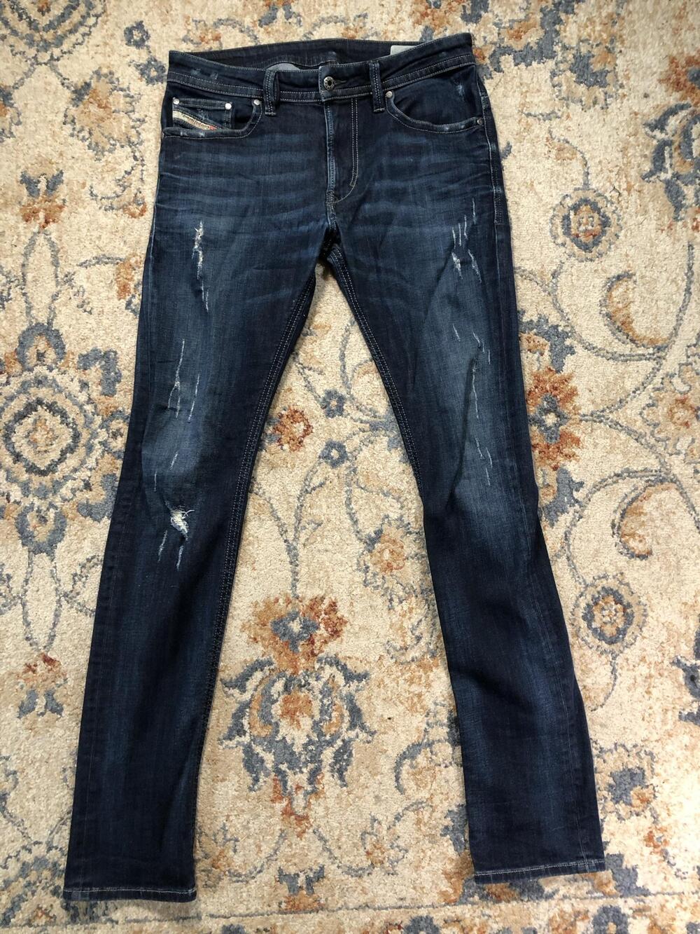 Diesel Jeans Mens 32x34 Blue Thavar Slim Skinny Distressed Dark Wash Denim